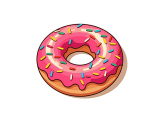 Cartoon illustration of a donut with pink frosting and colorful sprinkles, isolated on a white background, casting a soft shadow.