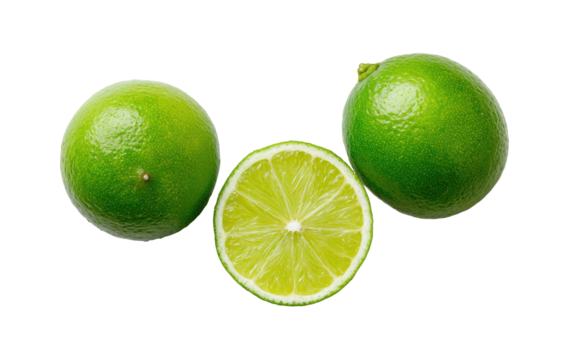 Top-down view of three limes, one halved