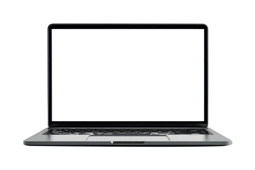 Modern Silver Laptop Open on White Background with Black Screen for Technology and Business Use