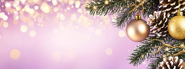 A decorated Christmas tree with pine cones and shiny baubles against a purple background with soft golden bokeh and copy space – a festive advertising design