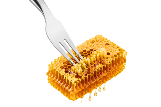 Fresh honeycomb with sweet golden honey dripping from a fork on a transparent background