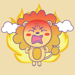 Cute cartoon lion with a red mane, surrounded by flames. Perfect for kids' illustrations, greeting cards, or educational materials. Bright colors and simple design make it ideal for various projects
