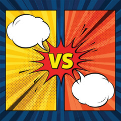 Dynamic comic book style 'VS' battle graphic with vibrant colors and empty speech bubbles for text, perfect for contests and showdowns