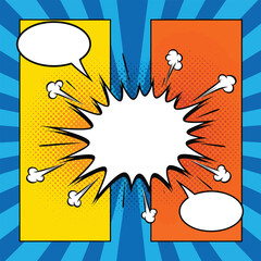 Dynamic comic book style explosion with empty speech bubbles and vibrant contrasting panels, perfect for action-packed narratives and bold statements.