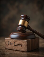 Obraz premium The Gavel of Justice: Symbol of Law and Order, Judicial System, Legal Profession, Courtroom, Brown Wooden Gavel on a Block with He Laws Inscribed