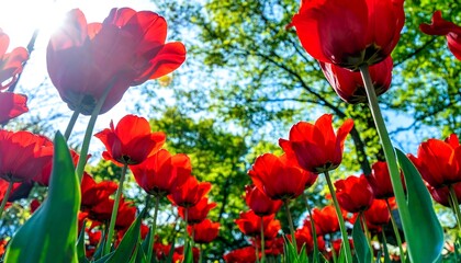 Red tulips field from below