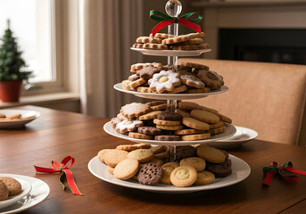 tower of assorted homemade christmas cookies stacked on white plates for festive holiday baking and dessert display