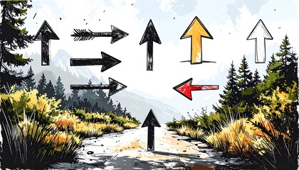 Arrows pointing different directions on a path through a landscape