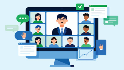Vector Illustration of Online Webinar with Students and Teacher