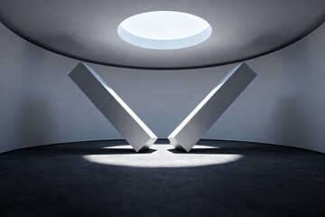 Minimalist interior with geometric structure and central skylight