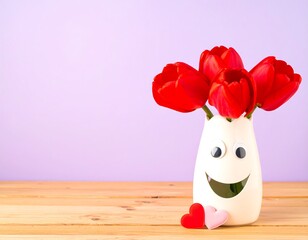 Red tulips in a smiling vase with hearts