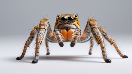 Full-body jumping spider with large eyes and fuzzy limbs, front-facing on white background