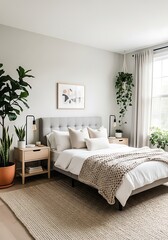 Serene bedroom featuring neutral tones, natural light, and plant accents