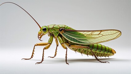 Full-body leaf mimic katydid in side pose with limbs flat and veined wings visible, on white