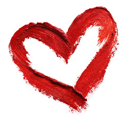 A vibrant red heart shape, formed by a textured lipstick smudge