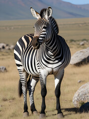 Obraz premium Close-up of a Mountain zebra with bold black and white stripes, a dewlap under its neck, and sturdy build, standing on rocky slopes or mountainous grasslands in southern Africa, grazing or alert