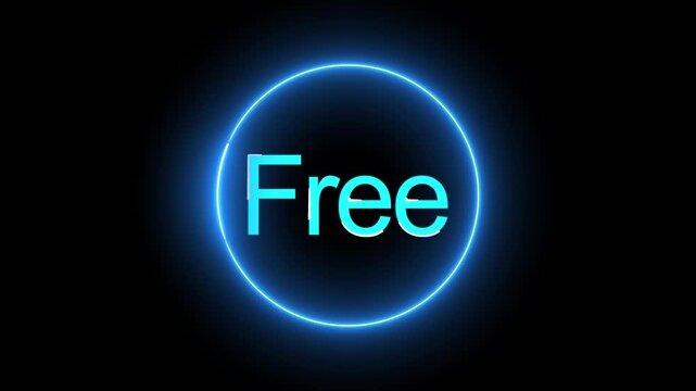Animated free neon sign glowing circle digital marketing technology interface 4k hd. Animated neon free sign glowing circle bright cyan blue dark background loop 4k hd.