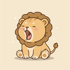 Obraz premium Adorable cartoon lion cub with a fluffy mane yawns widely, showing its pink tongue and tiny teeth, with closed eyes and rosy cheeks, sitting on a light background.