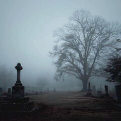 Fototapeta premium Misty Graveyard with Bare Trees and Gothic Tombstones in Foggy Autumn
