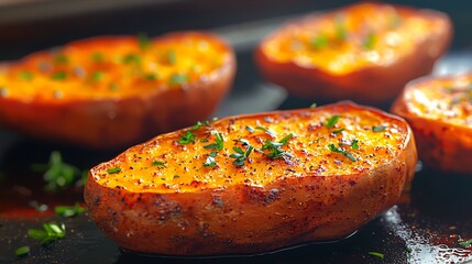 Closeup of perfectly baked sweet potato halves seasoned with herbs and spices
