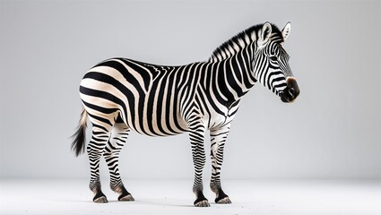 Full-body plains zebra standing with legs straight and stripes aligned, isolated on white