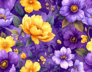 Floral pattern with yellow and purple blooms