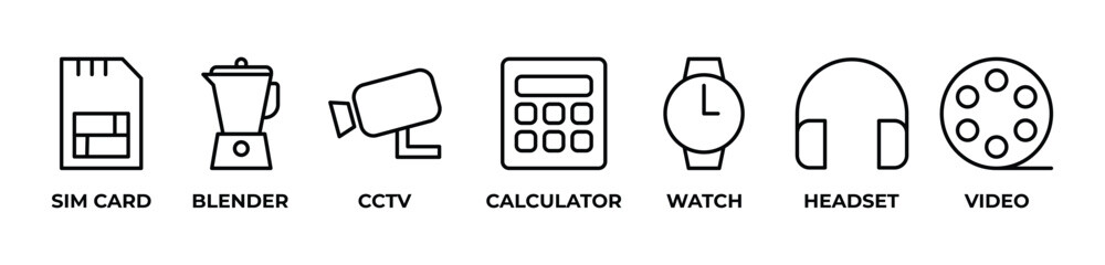 Tech Fusion Icons set vector illustration outline with SIM CARD, BLENDER, CCTV, CALCULATOR, WATCH, HEADSET, VIDEO 