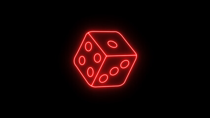 A vibrant red neon light dice icon vector illustration, glowing brightly with a classic square shape, representing games, chance, and casino entertainment, isolated on black background