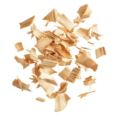Wood shavings floating in air, scattered curly chips, isolated on transparent cutout background