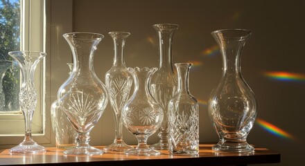 A close-up of sunlight hitting a collection of clear glass vases on a shelf, creating rainbows on the wall.