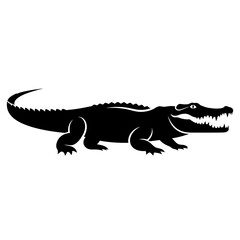 Obraz premium A black silhouette of a crocodile or alligator with sharp teeth, shown in profile against a plain white background.