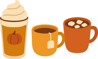 Warm autumn drinks (pumpkin spice latte, tea, cocoa)