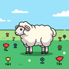 Cartoon sheep in a field of flowers under a blue sky.