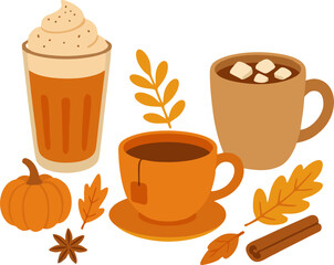 Warm autumn drinks (pumpkin spice latte, tea, cocoa)