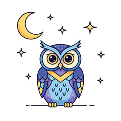 Obraz premium A cute cartoon owl with big eyes sits on a branch under a crescent moon and stars.