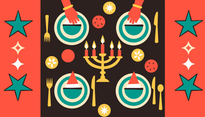 Fototapeta premium Festive Kwanzaa dinner setting with candles and plates, celebration spirit