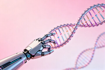 Robotic hand holding a DNA double helix against a soft pink background