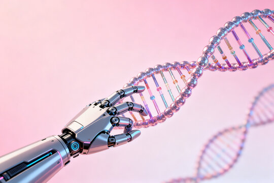 Robotic hand holding a DNA double helix against a soft pink background
