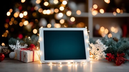 Holiday Tablet Display: A festive scene unfolds, featuring a sleek tablet with a blank screen illuminated by delicate lights.