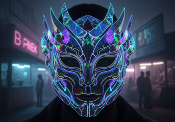 Futuristic Neon Mask Portrait in Cyberpunk City Night
