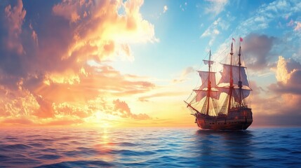 Obraz premium Majestic wooden sailing ship at sunset on calm ocean waters
