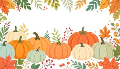 Seasonal pumpkins and fall foliage clipart, colorful harvest design for posters or cards.