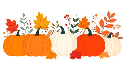 Festive autumn harvest clipart featuring pumpkins, berries, and forest leaves on white background.