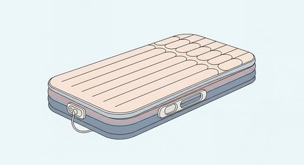 Flat Vector Illustration of a Rectangular Air Mattress with Gray Sides, Light Blue Accent Stripe, and Patterned White Top Against a Light Blue Background Perfect for Travel and Leisure Applications