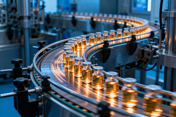 Bottles moving on a curved conveyor belt in an automated production line