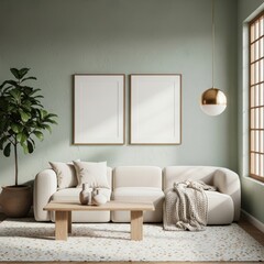 Two mockup poster frames above modern beige sofa in minimalist Scandinavian living room interior with wooden furniture and natural decor