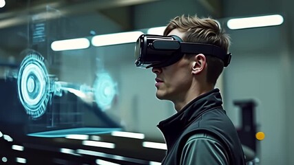 Mechanic studying holographic projection of engine components. Technology and Industry Related Concept. - Powered by Adobe