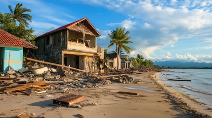 Tropical beachfront damage after tsunami with broken houses and debris