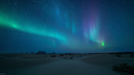 Naklejka premium A vibrant celestial display of the aurora borealis illuminating a tranquil desert at night