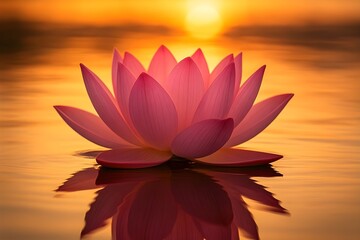 Lotus flower on golden water at sunset